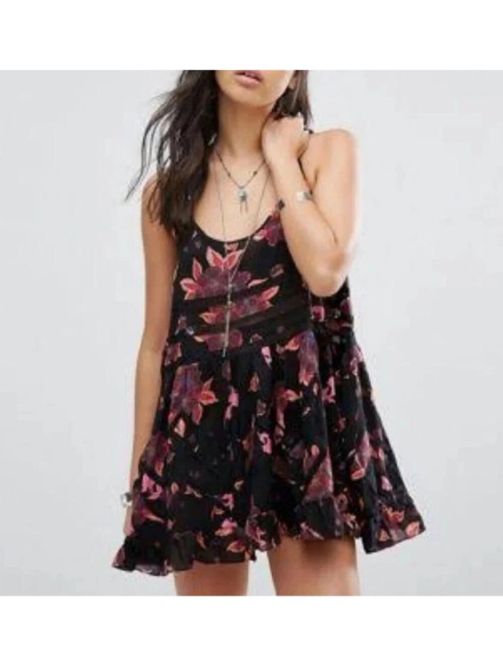 Free People Woman's Voile Lace Trapeze Slip Dress Flowy Tank Sz M Black Floral